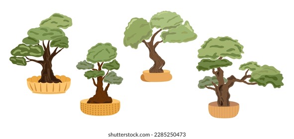 Decorative bonsai trees set in flower pots, domestic plant simple cartoon vector illustration, Japanese traditional culture element in simple flat style