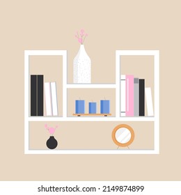 Decorative bookshelf with books, candles, vases. Flat vector illustration