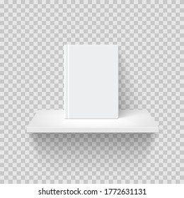 Decorative bookshelf realistic vector illustration. Rack mockup front view. 3D shelf with blank book on transparent background. Office, interior decor, bookstore showcase isolated design element