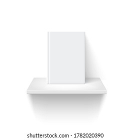 Decorative bookshelf realistic vector illustration. Rack mockup front view. 3D shelf with blank book on white background. Office, interior decor, bookstore showcase isolated design element
