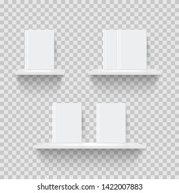 Decorative bookshelves realistic vector illustration. Rack mockup front view. 3D shelves with blank books on transparent background. Office, interior decor, bookstore showcase isolated design elements