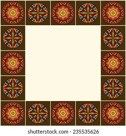 Decorative border with African ornaments. Ornate ethnic frame. Colorful medallions in border composition. Abstract round tribal patterns. Copy space. Vector is EPS8.