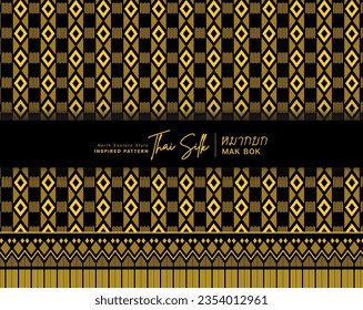 Fondo de borde decorativo. Inspirado por "Mak Bok", un patrón de seda de estilo tailandés nororiental (Isaan). Colorido en negro y oro