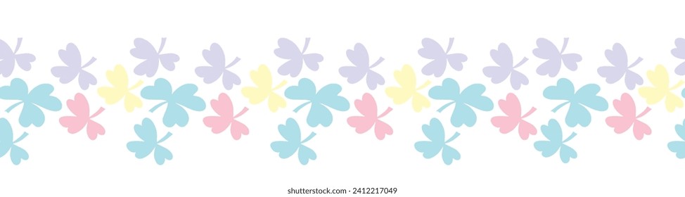 A decorative border of blue and pink clover leaves is highlighted on a white background. The pattern is vector. For nature and design. Hand-drawn plants, a frame for a postcard.