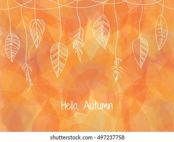 Decorative border in boho style with feathers and leaves. Gorgeous vector background with hand drawn elements.