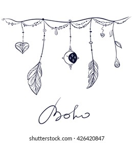 Decorative border with boho and tribe elements.Vector doodles illustration for design