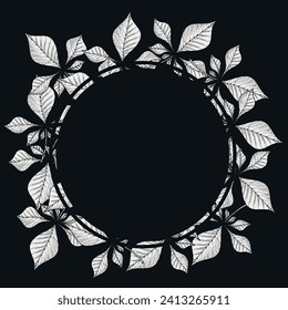 A decorative border of branches is highlighted on a white background. A pattern of leaves. Vector illustration. For nature, eco and design. Hand-drawn plants, a frame for a postcard.