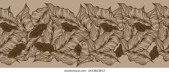 A decorative border of branches is highlighted on a white background. A pattern of leaves. Vector illustration. For nature, eco and design. Hand-drawn plants, a frame for a postcard.