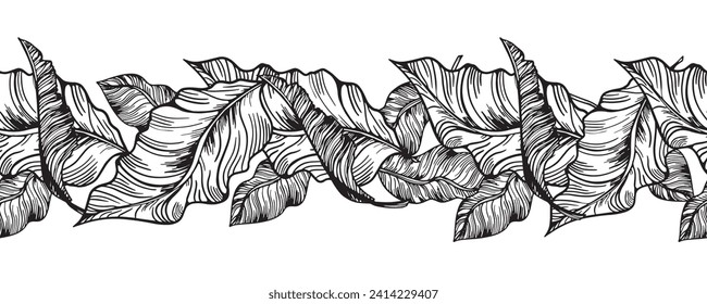 A decorative border of branches is highlighted on a white background. A pattern of leaves. Vector illustration. For nature, eco and design. Hand-drawn plants, a frame for a postcard.