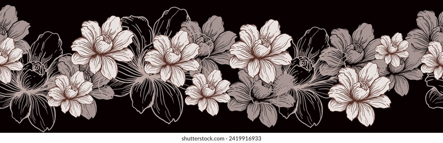 A decorative border of branches is highlighted on a white background. A pattern of leaves. Vector illustration. For nature, eco and design. Hand-drawn plants, a frame for a postcard.