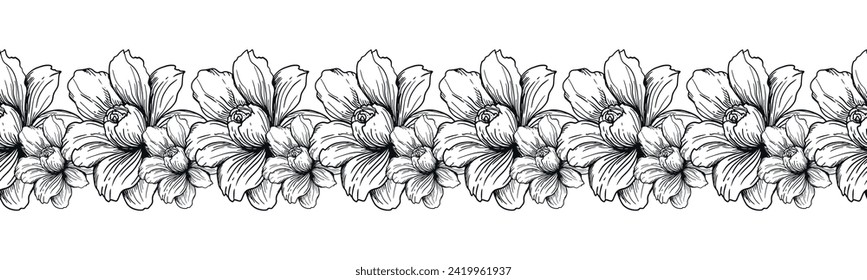 A decorative border of branches is highlighted on a white background. A pattern of leaves. Vector illustration. For nature, eco and design. Hand-drawn plants, a frame for a postcard.