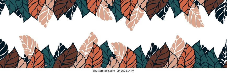 A decorative border of branches is highlighted on a white background. A pattern of leaves. Vector illustration. For nature, eco and design. Hand-drawn plants, a frame for a postcard.