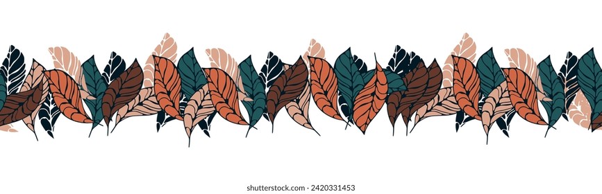 A decorative border of branches is highlighted on a white background. A pattern of leaves. Vector illustration. For nature, eco and design. Hand-drawn plants, a frame for a postcard.