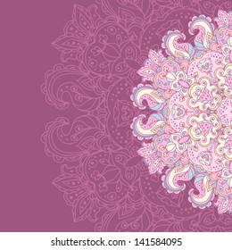 Decorative border. Circle lace ornament. Banner for invitation card. Circle background. Doily round lace pattern. Fragment of lace napkin. 