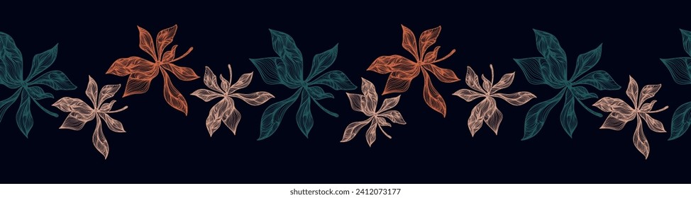 A decorative border of clover leaves is highlighted on a brown background. A pattern of leaves. Vector illustration. For nature, eco and design. Hand-drawn plants, a frame for a postcard.