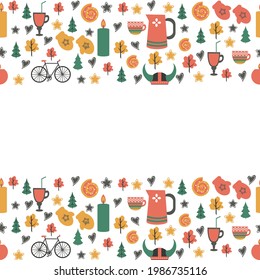 Decorative border, colorful pattern background, vector illustration isolated on white, Danish symbol, traditional food, candle, sweet, tableware, clothing, bicycle, travel nordic frame for design