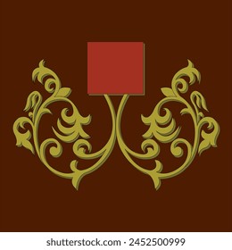 Decorative border design drawing with Indian motif in yellow color with red solid square on top on dark brown color background.