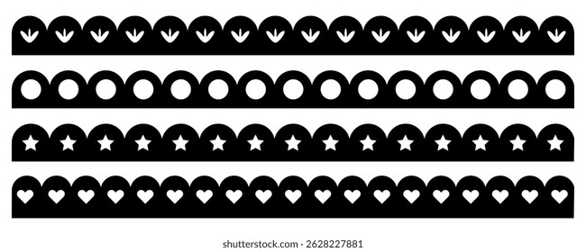 Decorative Border Design Set with Cut-Out Shapes of Leaves, Circles, Stars, and Hearts in Seamless Pattern.