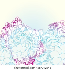 Decorative border element. Abstract invitation. Template color card. Abstract flowers background, clouds. The tag or label. T-shirt or bag. With space for text