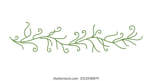 Decorative border element, cute hand drawn divider. For design or decor, for collage. Vector ornament frame border line. Green wavy line, floral decoration.