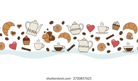Borda decorativa com xícaras de café, bule de chá, croissants e corações em um estilo de arte de linha simples para um café acolhedor ou tema de padaria.