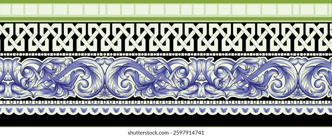decorative border featuring geometric and floral patterns in black, white, and blue, for textile, wallpaper, gift wrapping.