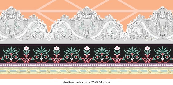 decorative border featuring ornate, symmetrical patterns in white, black, green, pink, and lavender against an orange background, for textile, wallpaper, gift wrapping.