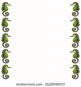 A decorative border featuring stylized green seahorses on a light background. The seahorses are arranged symmetrically along the edges, creating a whimsical and marine-themed frame.