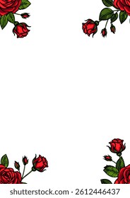 A decorative border featuring vibrant vector red roses with green leaves, set against a plain white background. Ideal for invitations, greeting cards, or romantic themes.