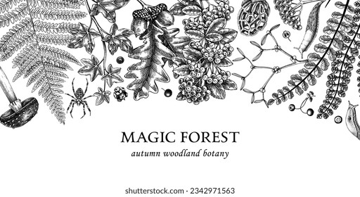 Decorative border with ferns, mushrooms, fall leaves, autumn plant sketches. Vintage botanical design template in engraved style. Hand-drawn autumn forest background for print. Vector banner.