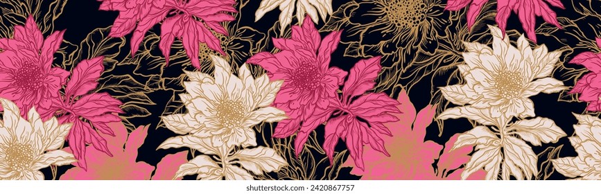 Un borde decorativo de flores y ramas está resaltado sobre un fondo negro. Un patrón de hojas. Ilustración vectorial. Por la naturaleza, el medio ambiente y el diseño. Plantas dibujadas a mano, marco para una postal.