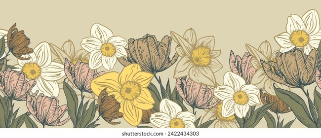 Un borde decorativo de flores y ramas está resaltado sobre un fondo negro. Un patrón de hojas. Ilustración vectorial. Por la naturaleza, el medio ambiente y el diseño. Plantas dibujadas a mano, marco para una postal.