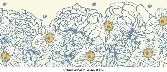 A decorative border of flowers and branches is highlighted on a black background. A pattern of leaves. Vector illustration. For nature, eco and design. Hand-drawn plants, a frame for a postcard.