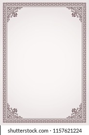 Decorative border frame background certificate template in classic A4 proportion