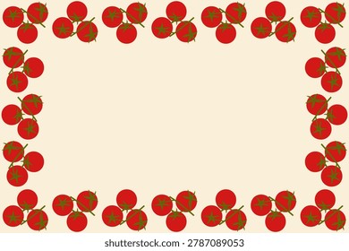 Decorative border frame made of red tomato branches arranged around empty center space on light beige background. Flat vegetable vector illustration.