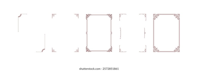 Decorative border frames, retro style divider. Elegant vintage frame and wedding ornaments Isolated icons vector set. Calligraphic filigree black ink borders collection. Decorative border frames