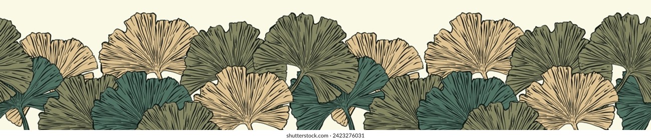 A decorative border of Ginkgo leaves is highlighted on a white background. A pattern of leaves. Vector illustration. For nature, eco and design. Hand-drawn plants, a frame for a postcard.