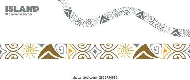 Decorative border graphics featuring tiki inspired tribal ornaments with hand drawn lines. Great for textiles, posters, branding and digital design.