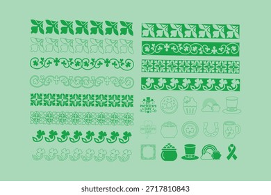 St. Patrick’s Day dekorative Rahmen und Ikonenset mit Klee, Topf aus Gold, Regenbogen und Ferienelementen