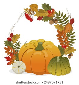 Decorative border with a large orange pumpkin, white and green taquas, bright autumn leaves of oak, maple and rowan, acorns and clusters of bright juicy rowan