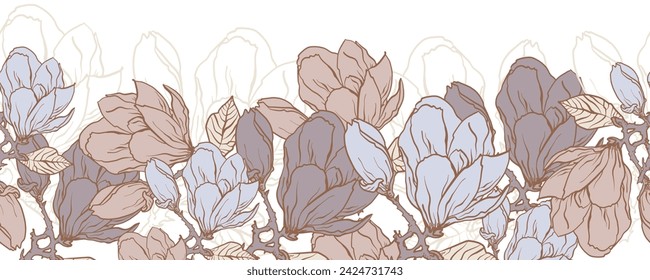 A decorative border of magnolia flowers and branches is highlighted on the background. A pattern of leaves. Vector illustration. For nature, eco and design. Hand-drawn plants, a frame for a postcard.