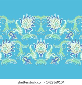 Decorative  border ornament with floral motif on blue background