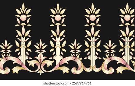 decorative border pattern featuring repeating floral and foliate motifs in shades of gold and pink against a black background, for textile, wallpaper, gift wrapping.