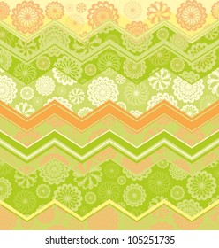 Decorative border pattern with ornamental rosettes - snowflakes on green zigzag background 