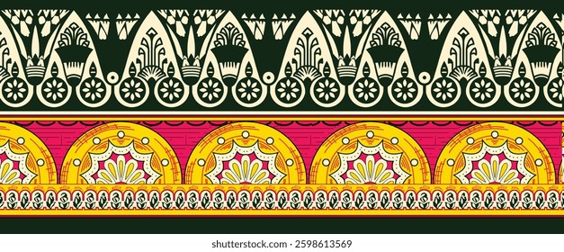 decorative border pattern with repeating geometric and floral motifs in black, white, pink, yellow, and green, for textile, wallpaper, gift wrapping.