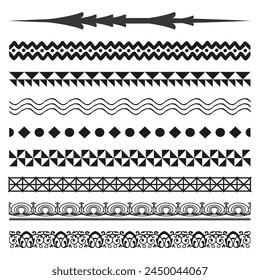 Decorative border patterns set. Tribal and geometric designs. Seamless ornamental strips. Vector illustration. EPS 10.