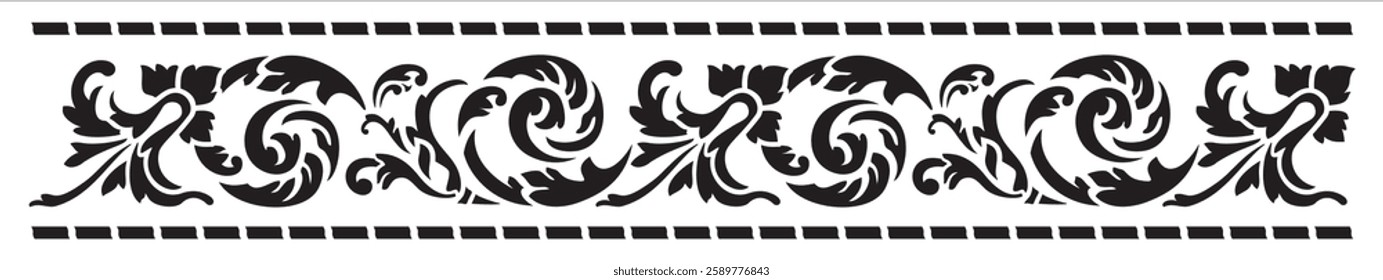 Decorative border with plant ornament. Decorative stencil for applying paint and decorative coatings. Interior and exterior design, fabric and furniture decoration. Plotter or laser cutting.


