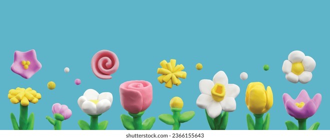 Borde decorativo con plasticina de varias flores estilo 3D, ilustración vectorial sobre fondo azul. Elemento de diseño, naturaleza y hermosas plantas, frescura