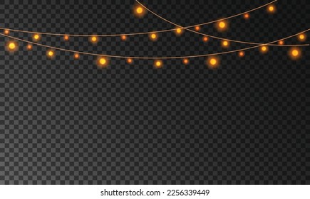 Borde decorativo de guirnaldas de oro realistas aisladas en un fondo transparente. Ilustración vectorial de las bombillas brillantes en la cuerda de cable. Elementos de diseño para Navidad, postales, invitaciones, afiches