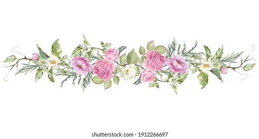 Decorative border with rose, peony and jasmine flowers. Vector wreath with pink flowers and green leaves.